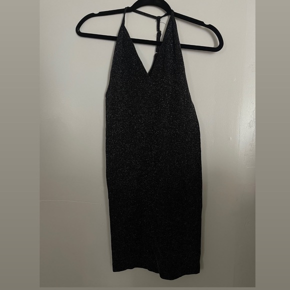 Charlotte Russe- Sparkly Black Halter Top Mini Bodycon dress with open shoulder - Picture 4 of 5